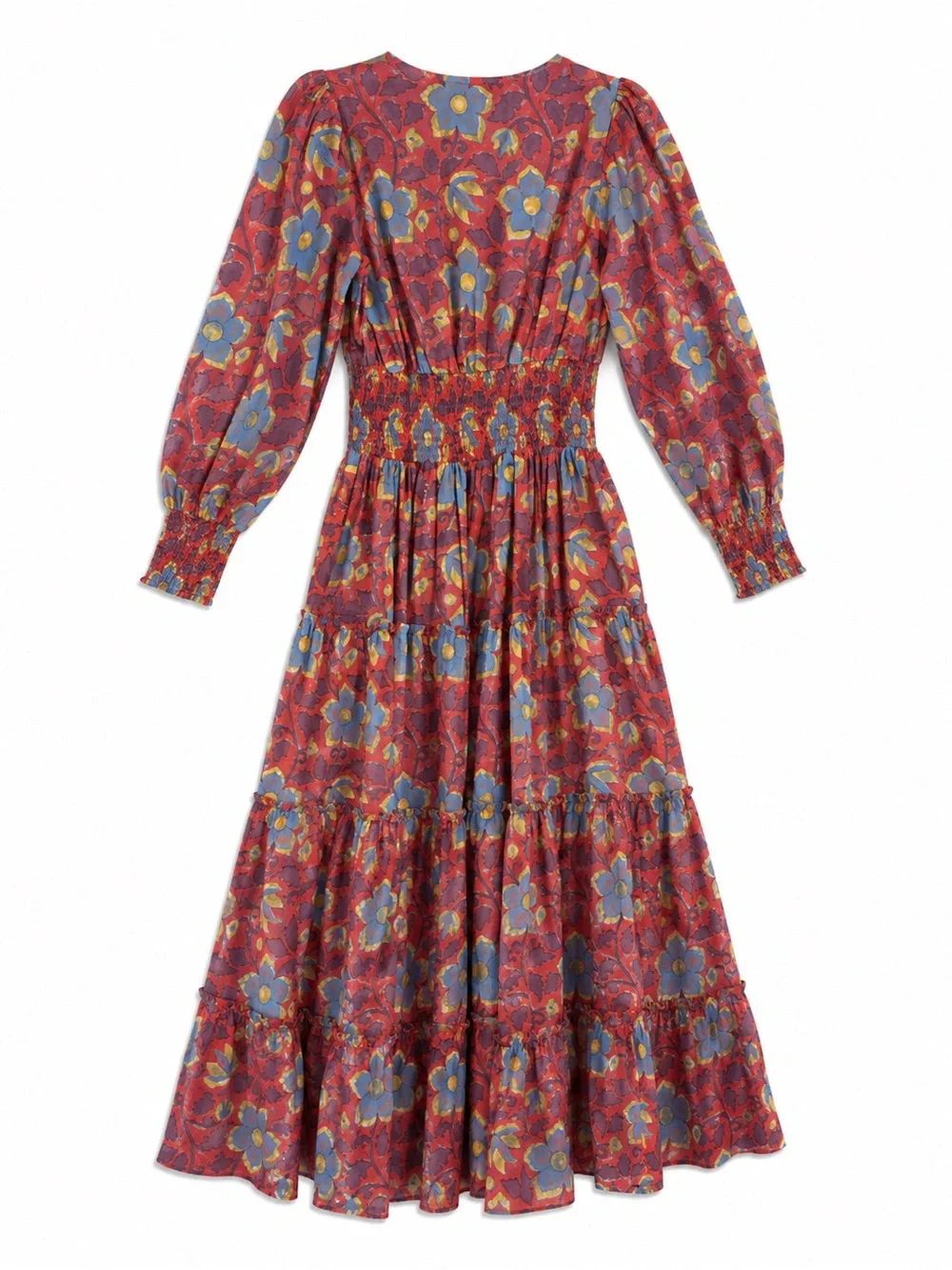 Oliphant V-Neck Smocked Waist Midi Dress Womens M Kildare Red NWT Floral Gold